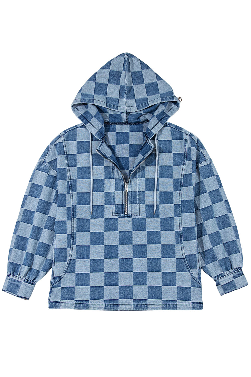 Sky Blue Checkerboard Zipped Collar Kangaroo Pocket Denim Hoodie