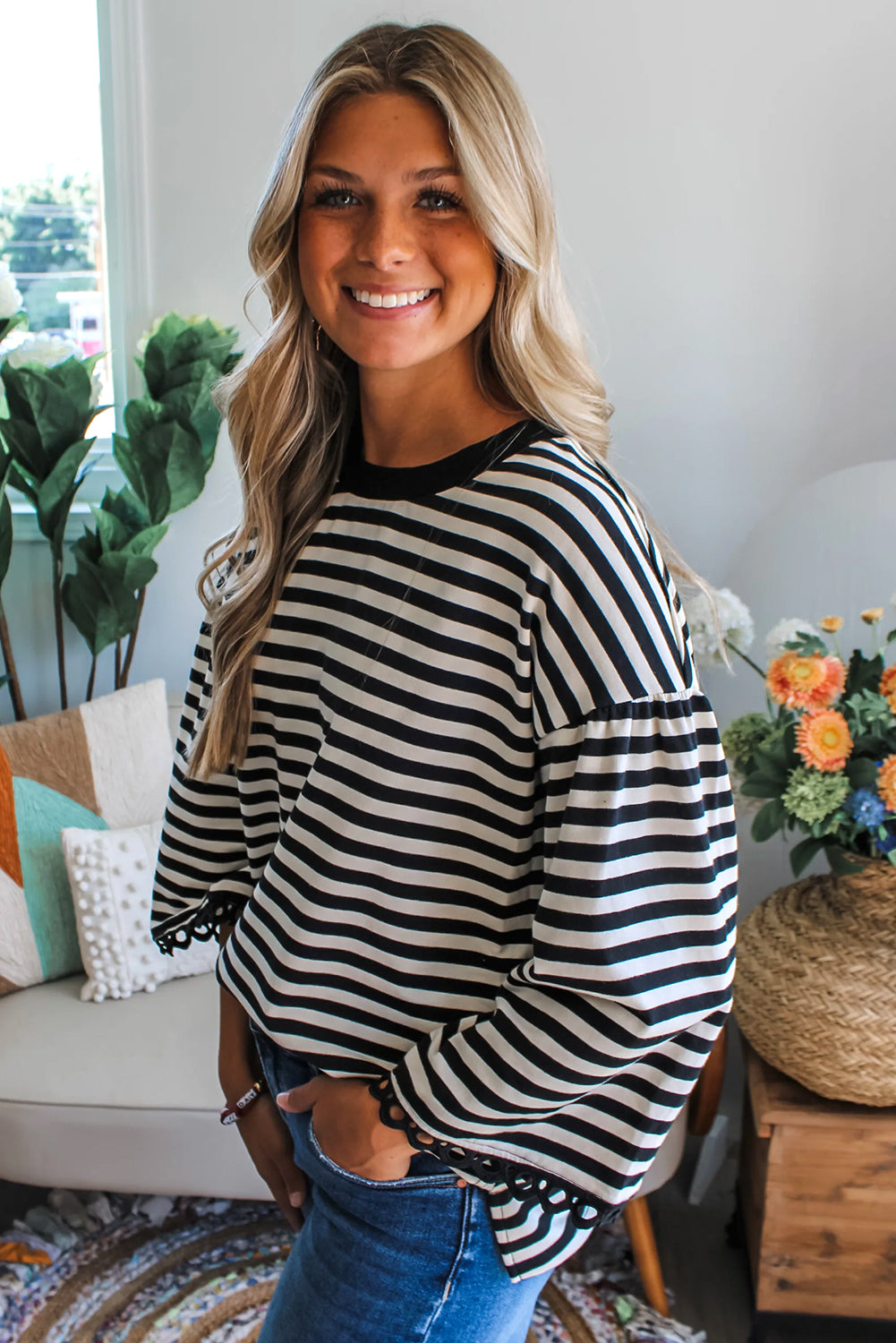 Black Striped Round Neck Contrast Trim Bell Sleeve Top