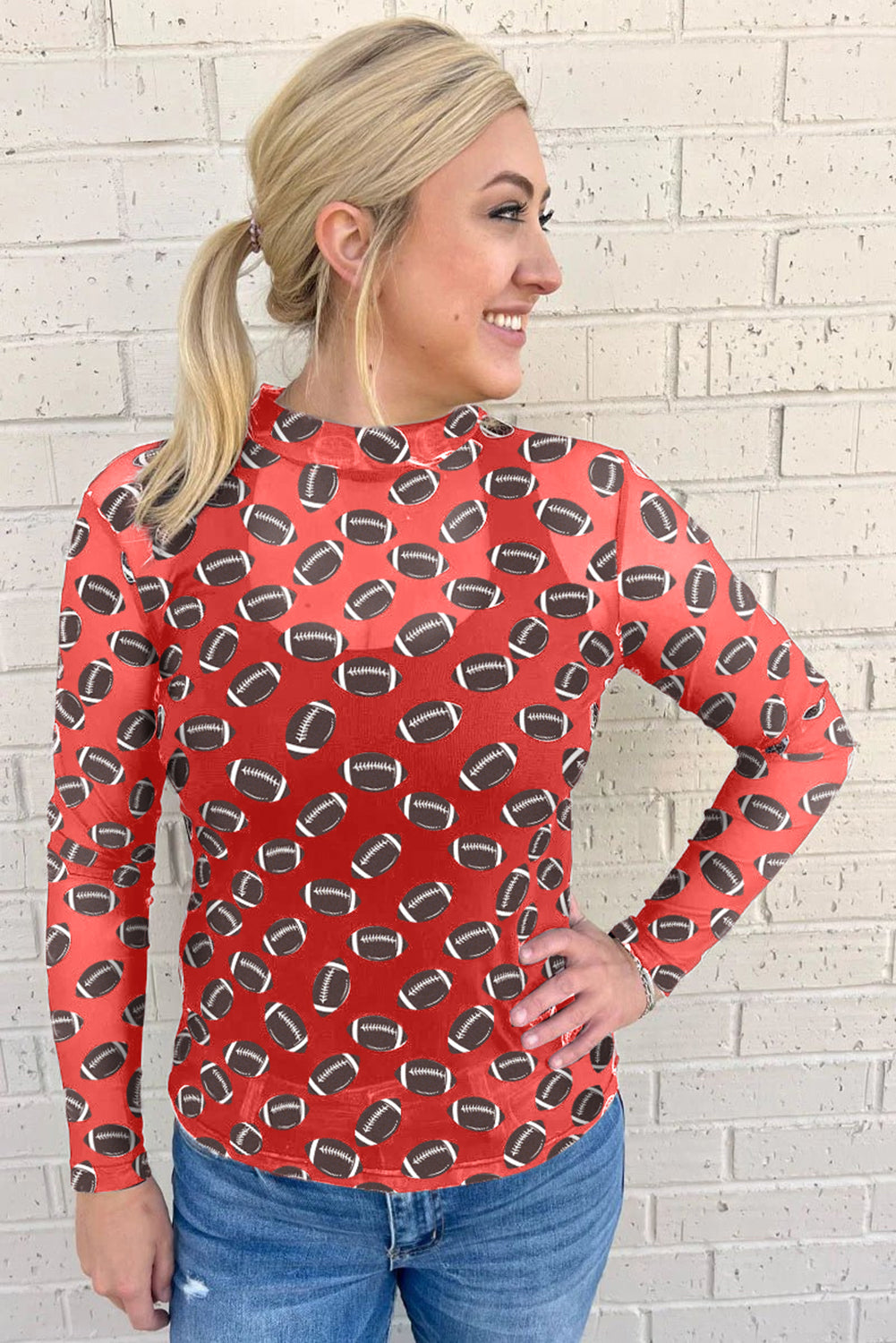 Black Game Day Football Mesh Sheer Long Sleeve Top