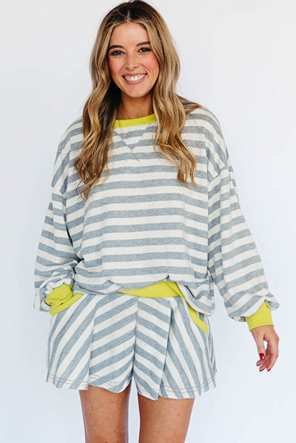 Gray Stripe Contrast Trim Long Sleeve Top and Shorts Set
