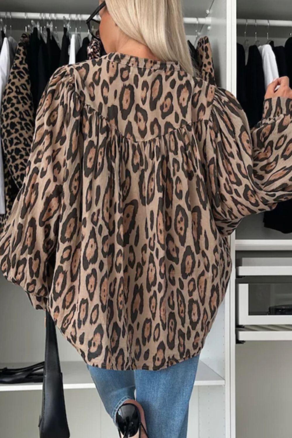 Leopard Notched Long Sleeve Blouse