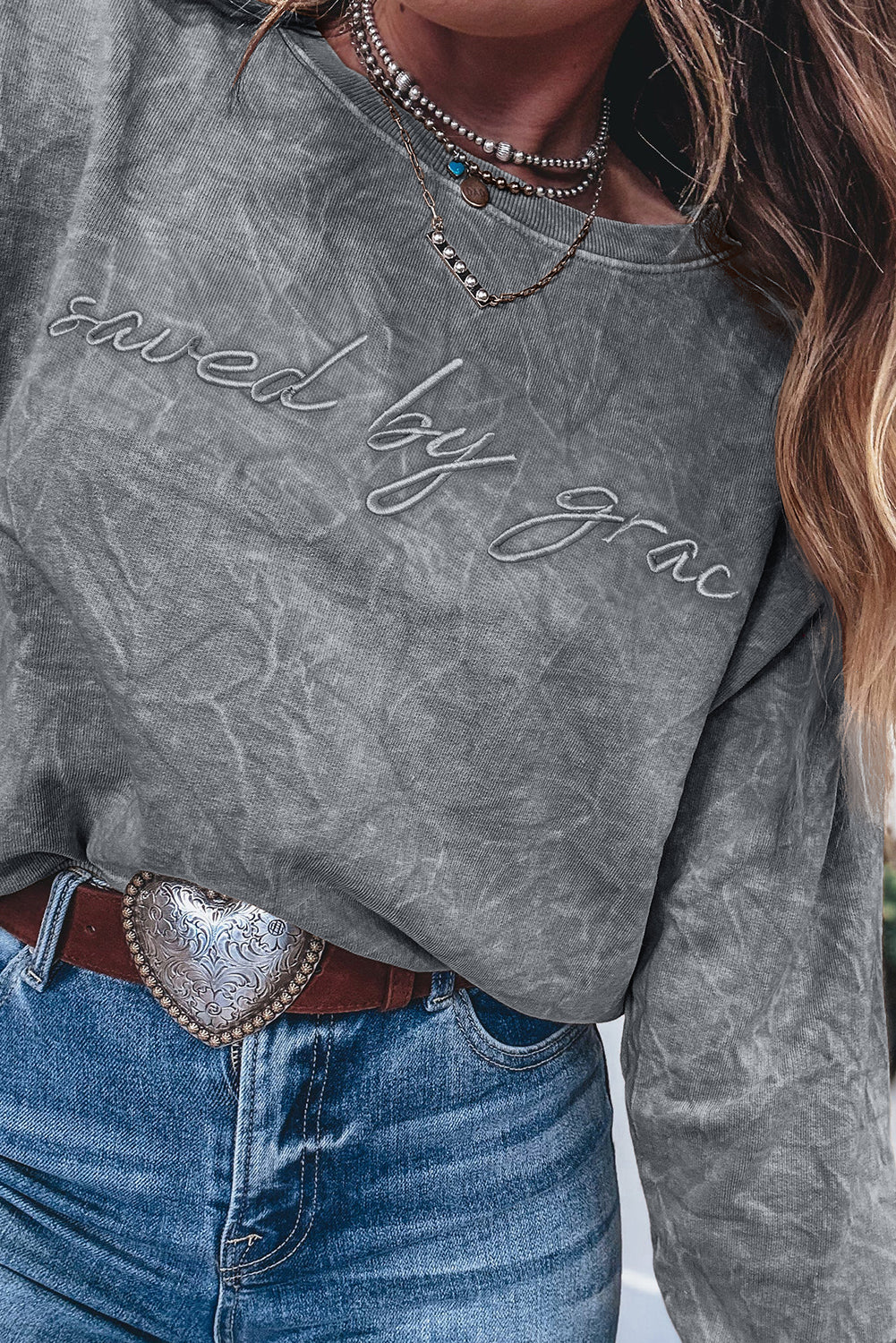 Dune saved by grace Letter Embroidery Mineral Wash Loose Sweatshirt