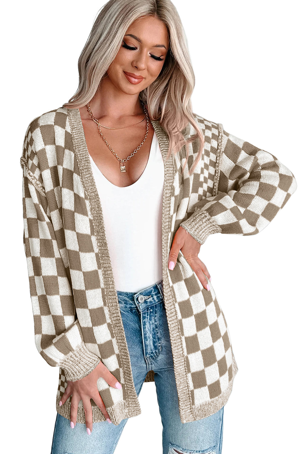 Brown Checkered Open Front Drop Shoulder Cardigan