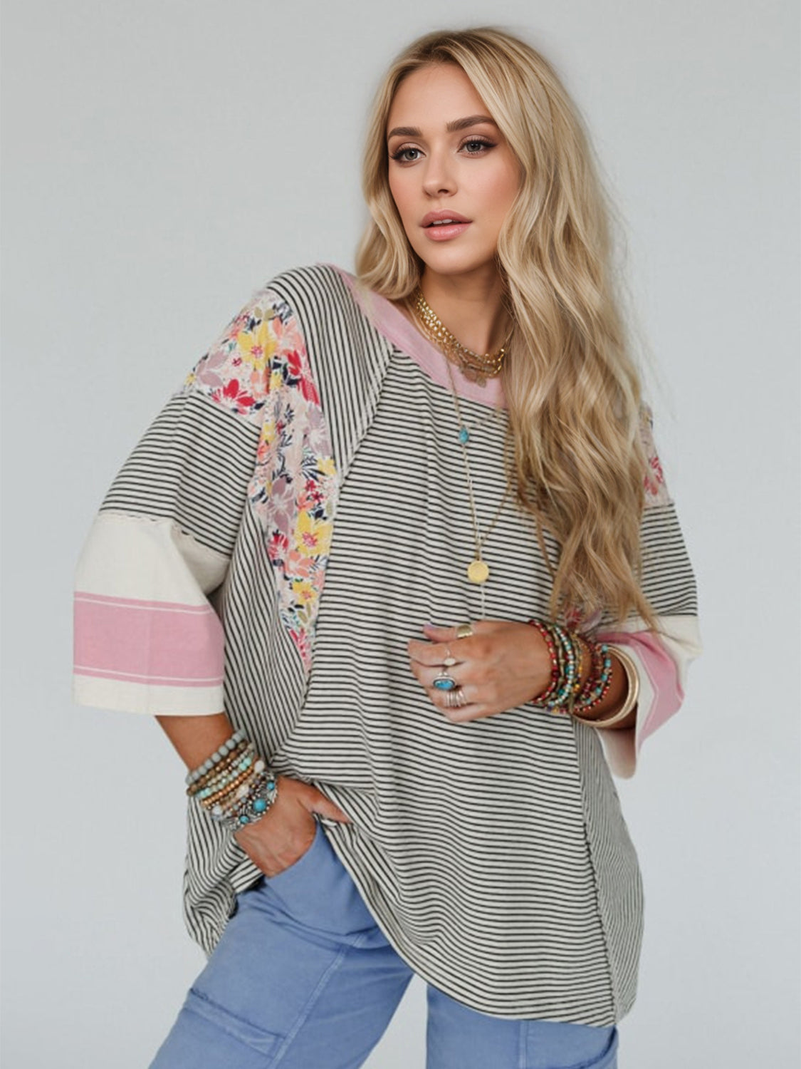 Color Block Printed Three-Quarter Sleeve Top