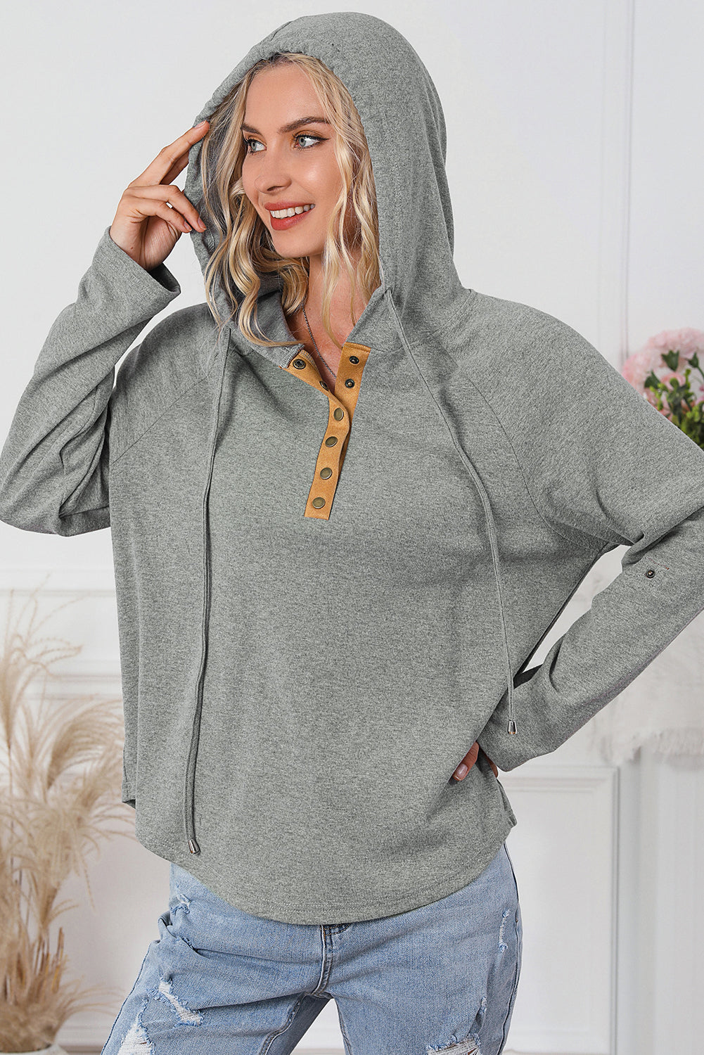 Drawstring Quarter Snap Long Sleeve Hoodie