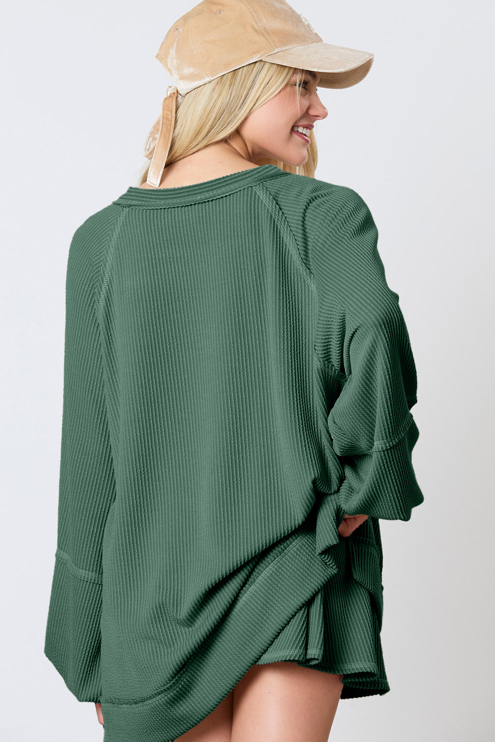 Mist Green Corded Bishop Sleeve Pullover and Ruffle Mini Skirt Set