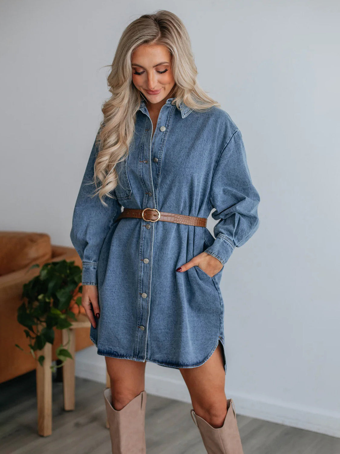 Button Up Collared Neck Long Sleeve Denim Dress