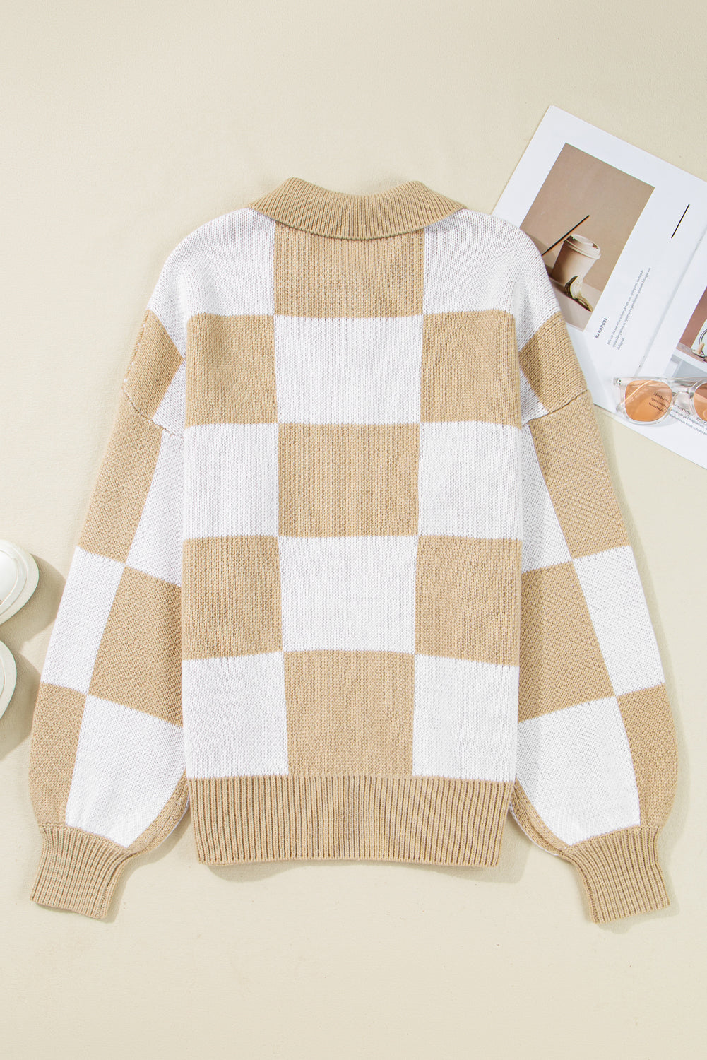 Mist Green Checkered V-Neck Collared Pullover Sweater