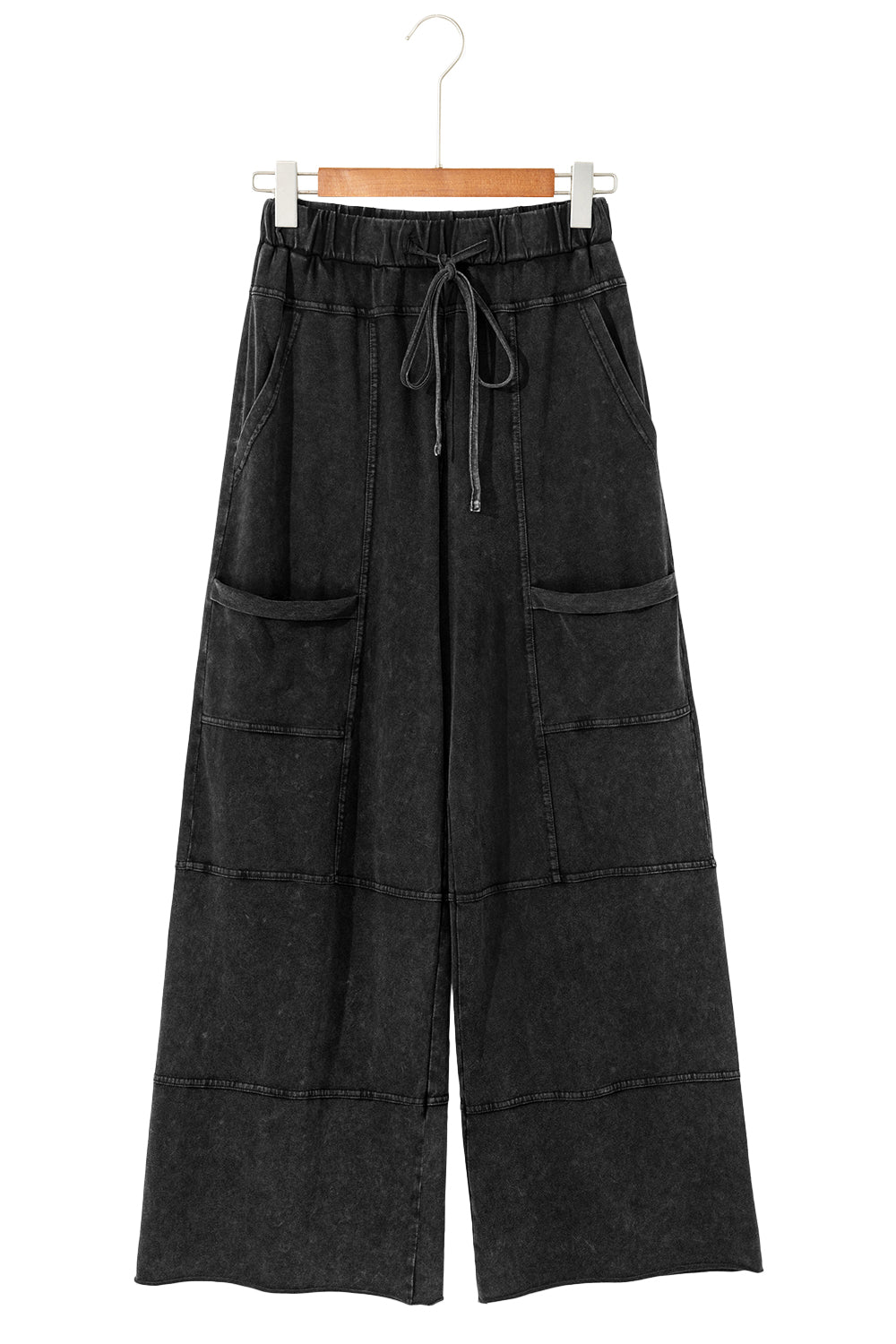 Black Mineral Wash Exposed Seam Wide Leg Cargo Pants