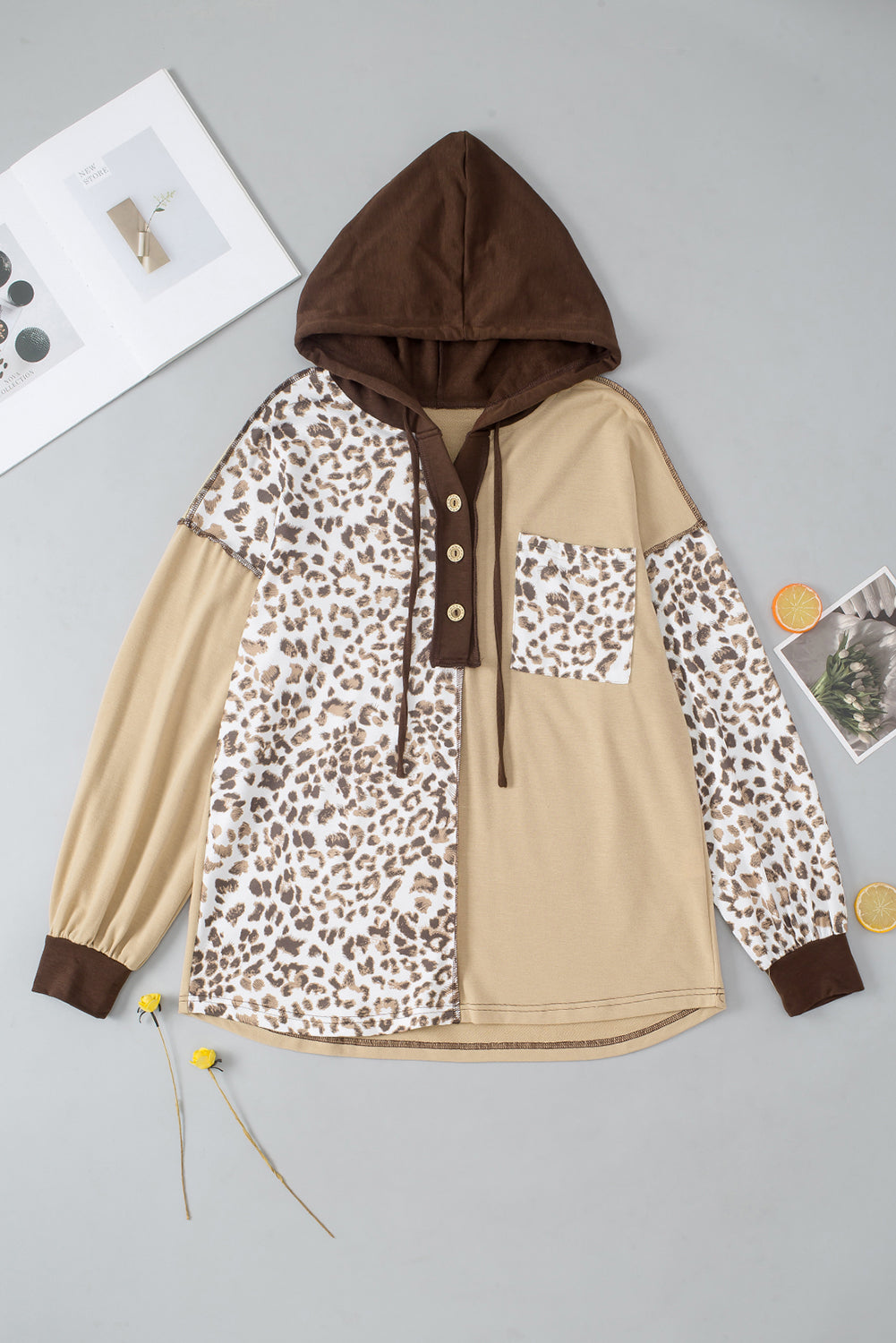 Leopard Drawstring Chest Pocket Hoodie