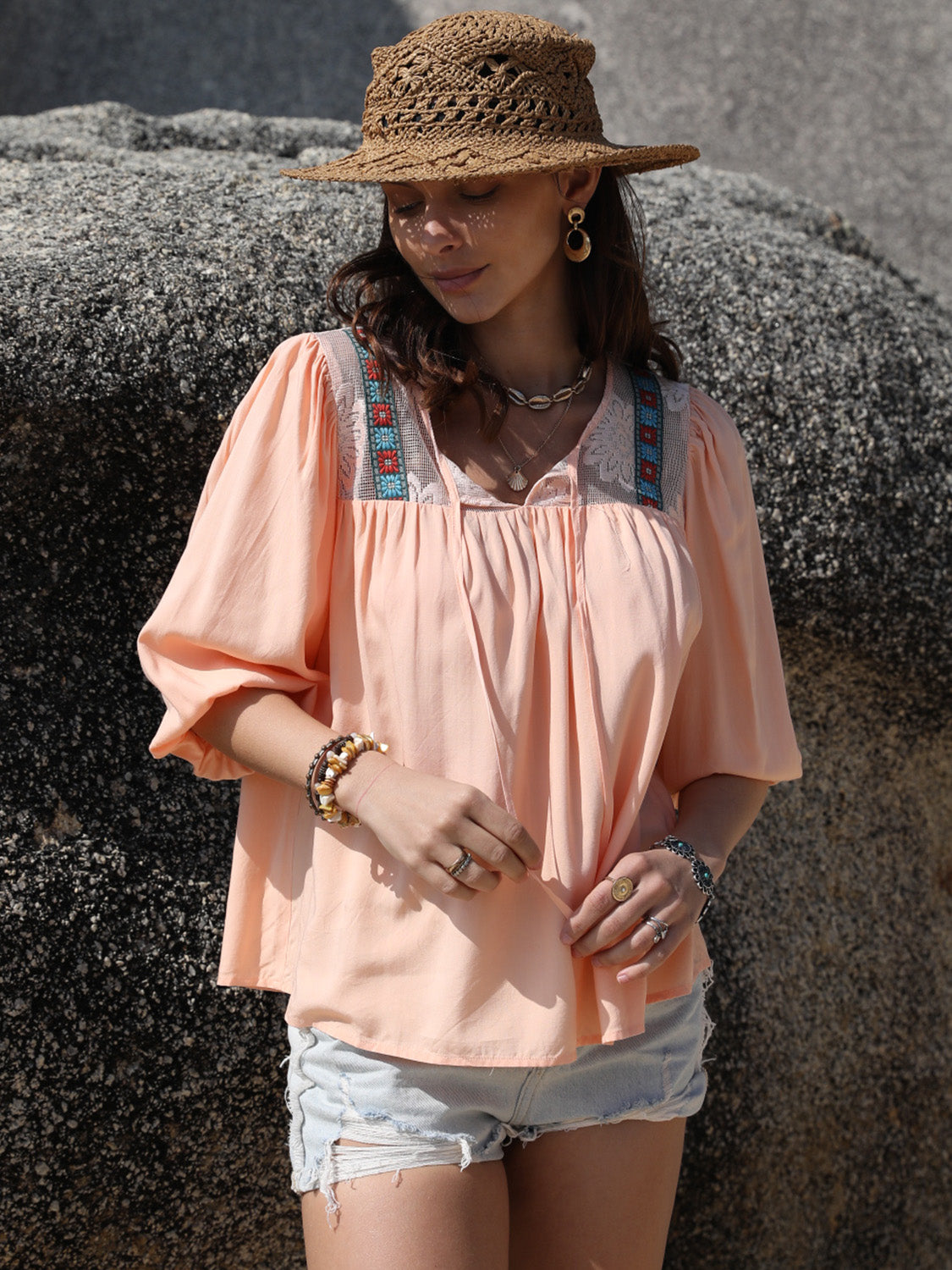 Tie Neck Half Sleeve Blouse