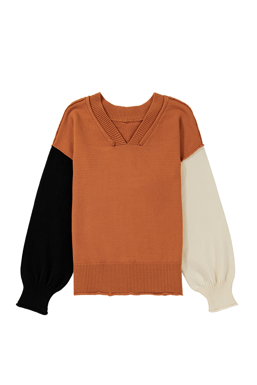 Desert Gold Colorblock Raw Edge Bubble Sleeve V Neck Sweater