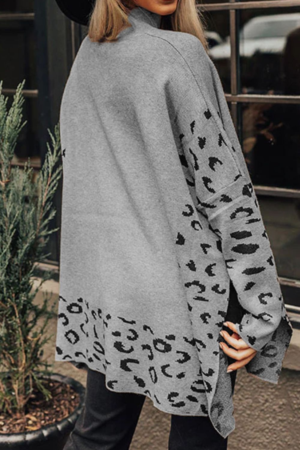 Slit Leopard Mock Neck Dropped Shoulder Sweater