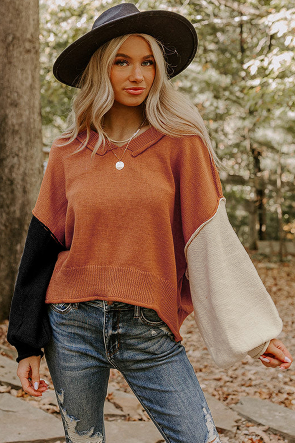 Desert Gold Colorblock Raw Edge Bubble Sleeve V Neck Sweater