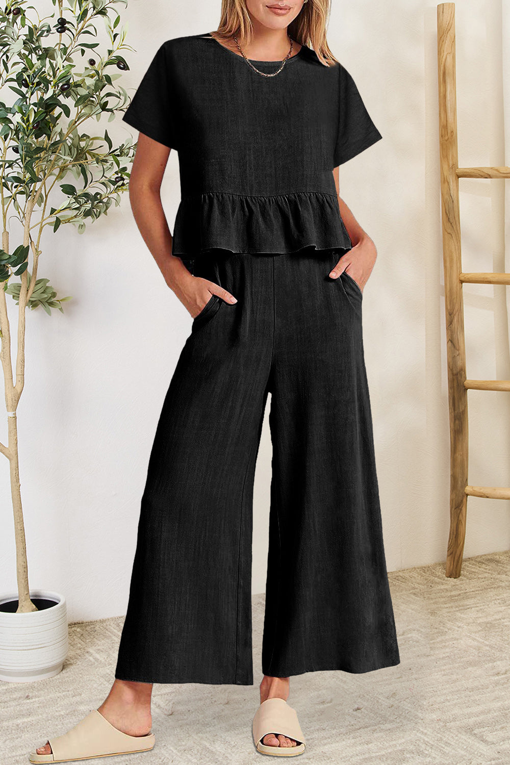 Peplum Round Neck Short Sleeve Top and Pants Set