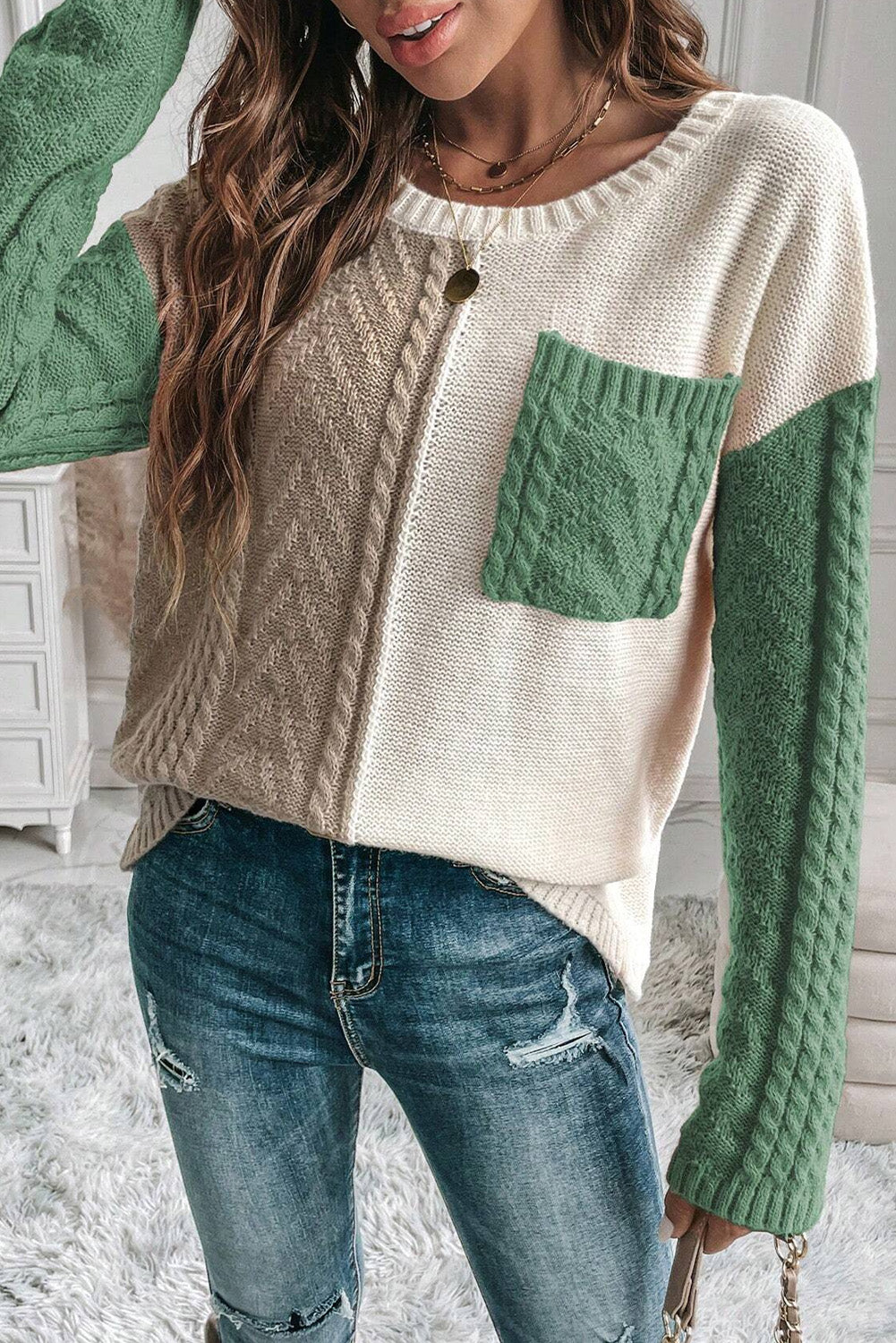 Double Take Full Size Color Block Drop Shoulder Sweater