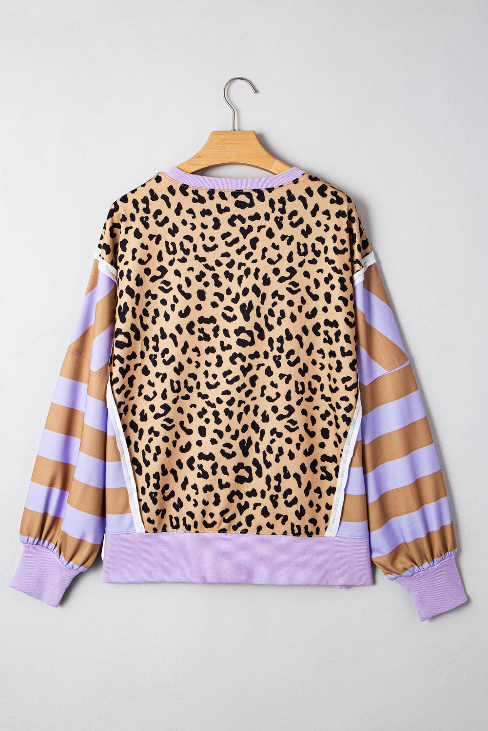 Khaki Striped Leopard Colorblock Side Slits Sweatshirt