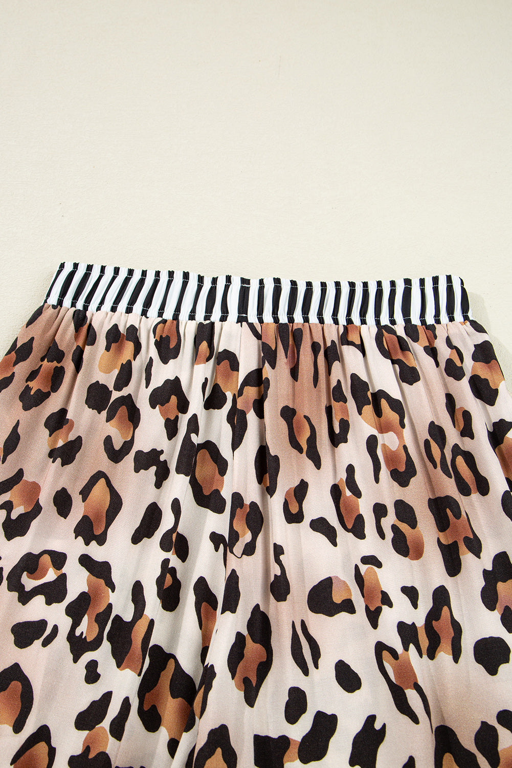 Khaki Leopard Print Colorblock Striped Patchwork Shirt and Pants Pajama Set