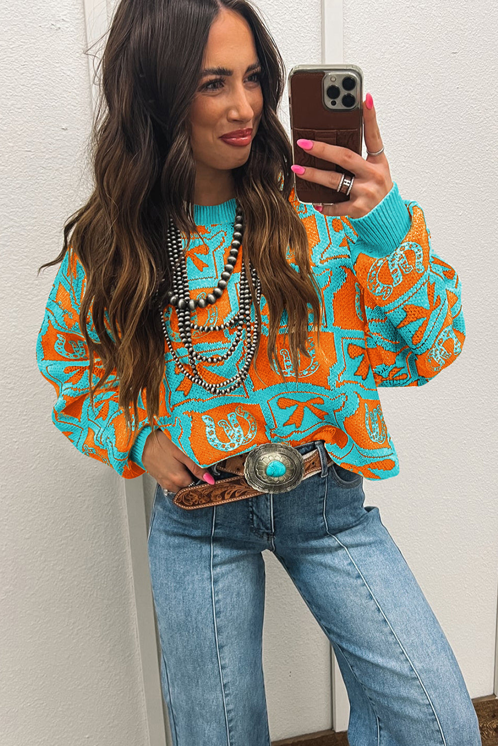 Brown Colorblock Bow Pattern Drop Sleeve Sweater