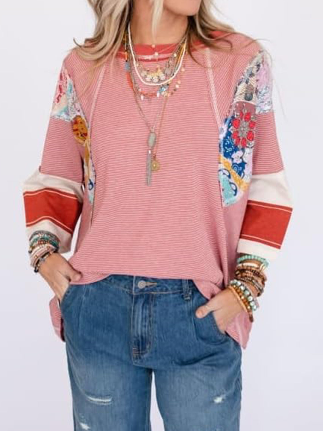 Color Block Printed Three-Quarter Sleeve Top