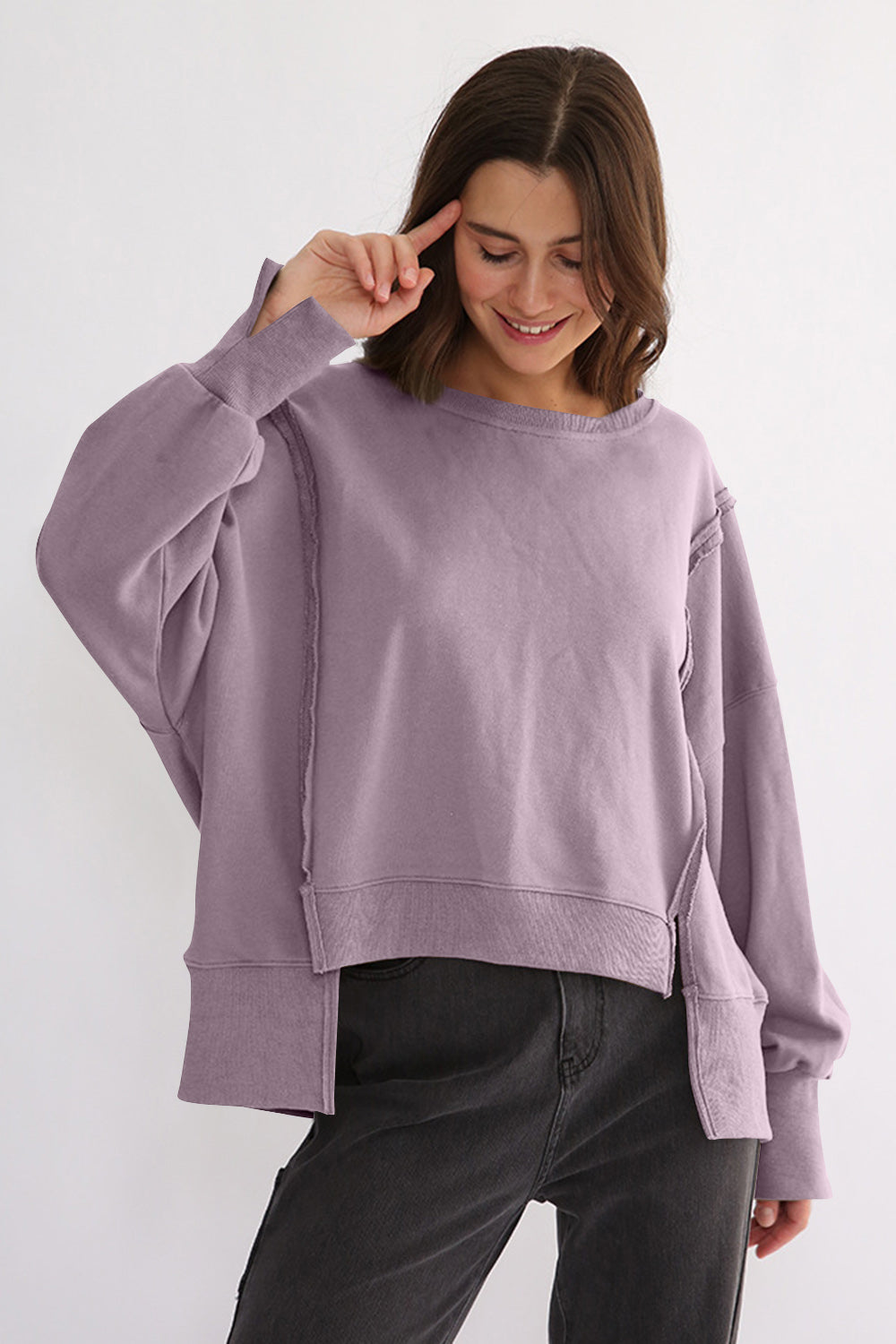 Exposed Seam High-Low Long Sleeve Sweatshirt