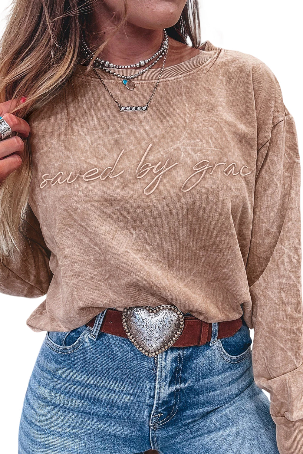 Dune saved by grace Letter Embroidery Mineral Wash Loose Sweatshirt