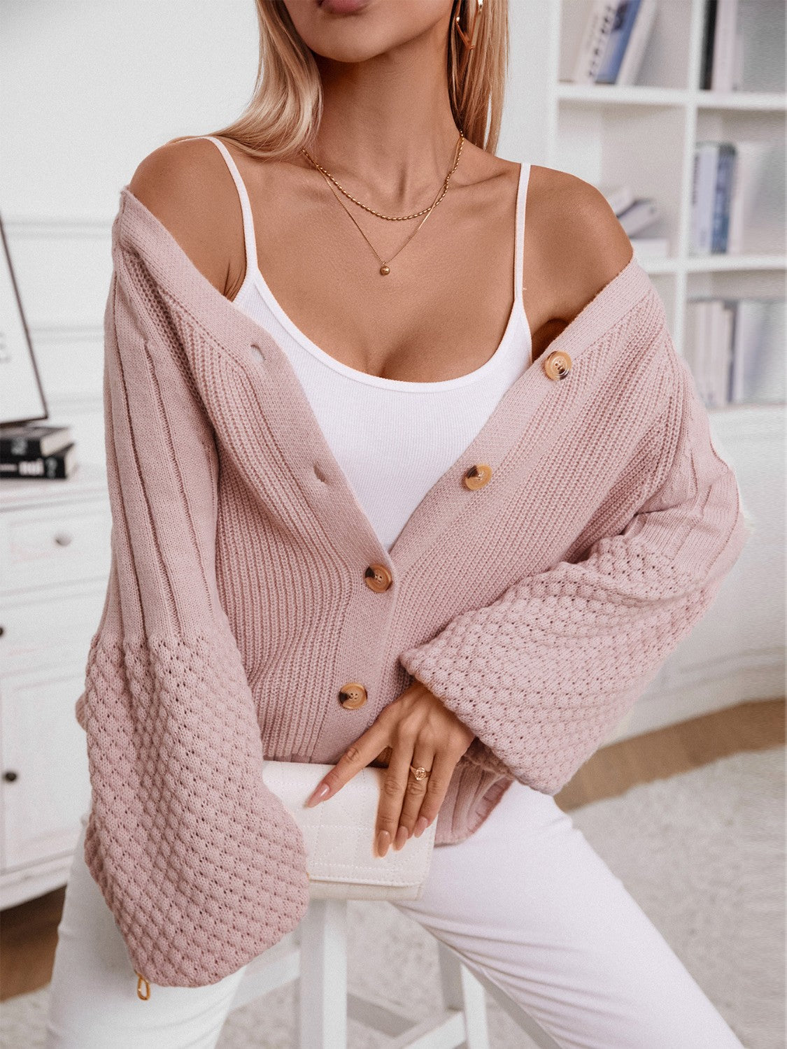 V-Neck Button Up Raglan Sleeve Cardigan