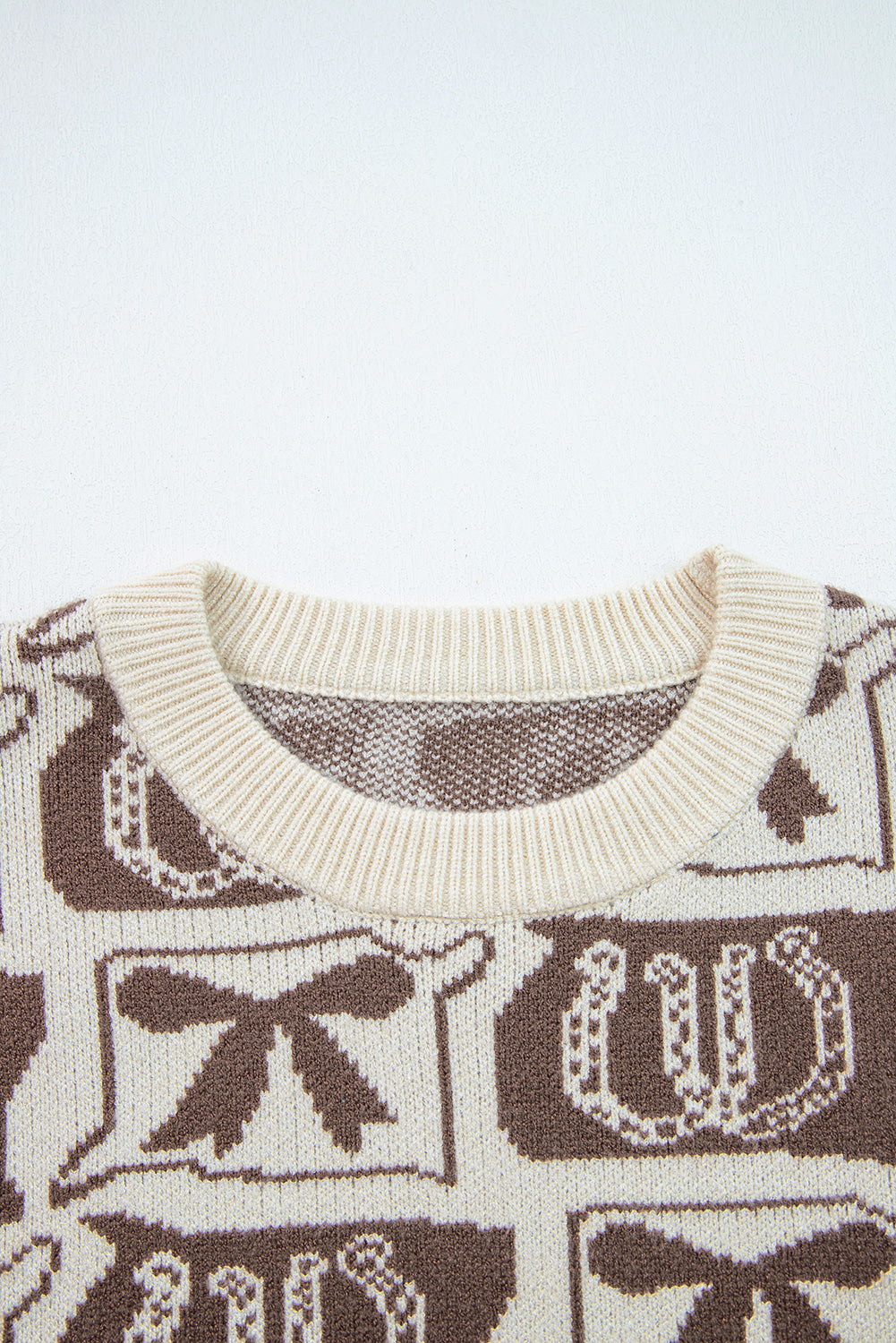Brown Colorblock Bow Pattern Drop Sleeve Sweater