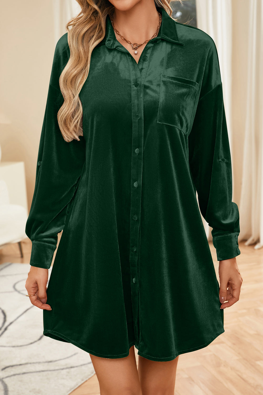 Velvet Collared Neck Long Sleeve Mini Dress