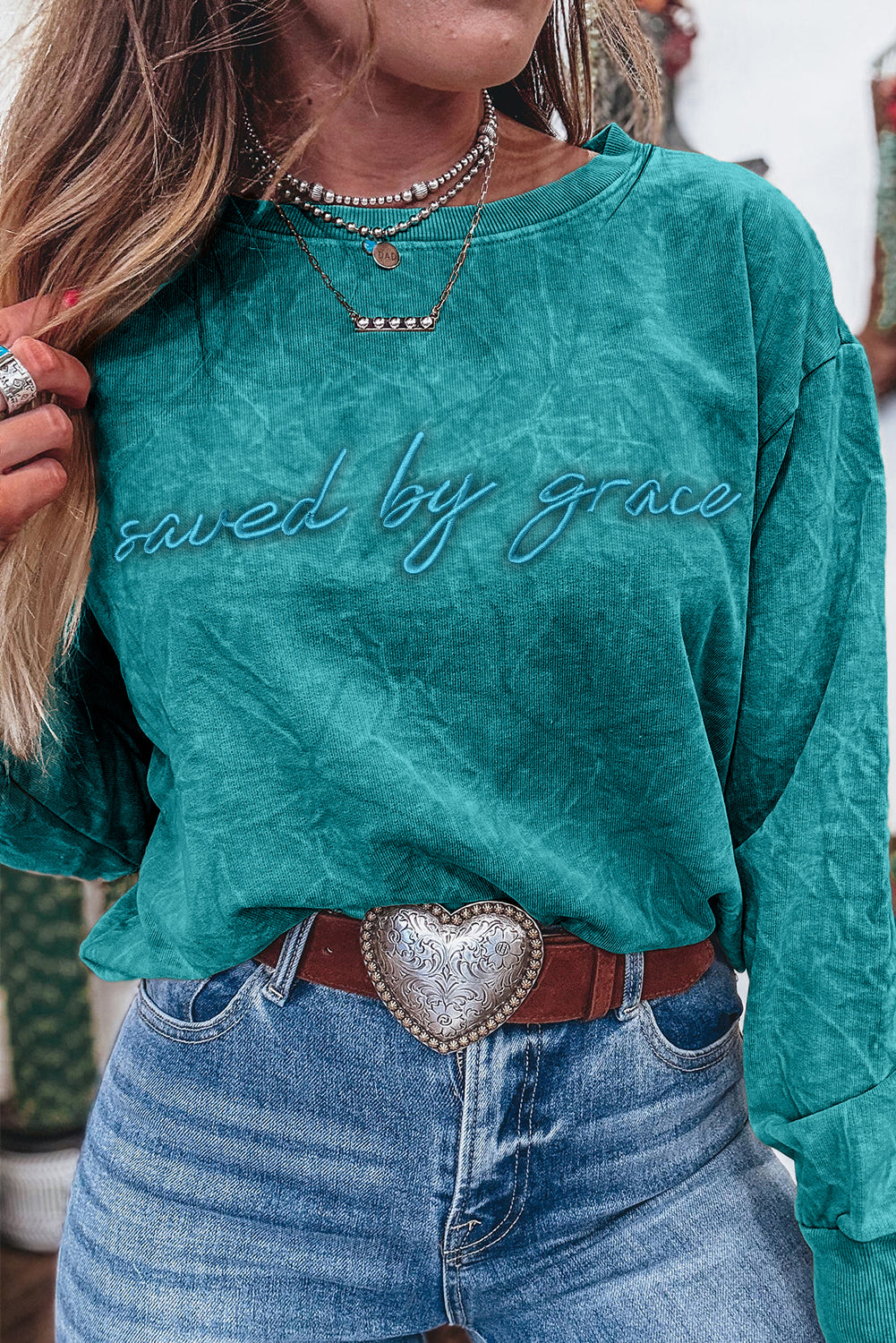 Dune saved by grace Letter Embroidery Mineral Wash Loose Sweatshirt