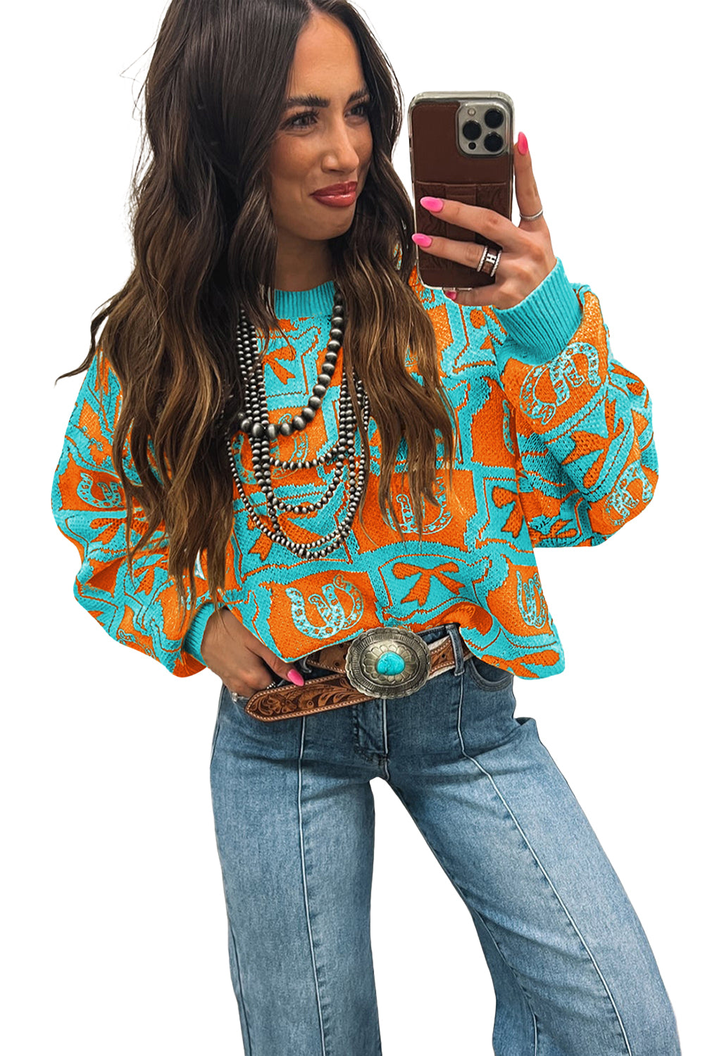 Brown Colorblock Bow Pattern Drop Sleeve Sweater