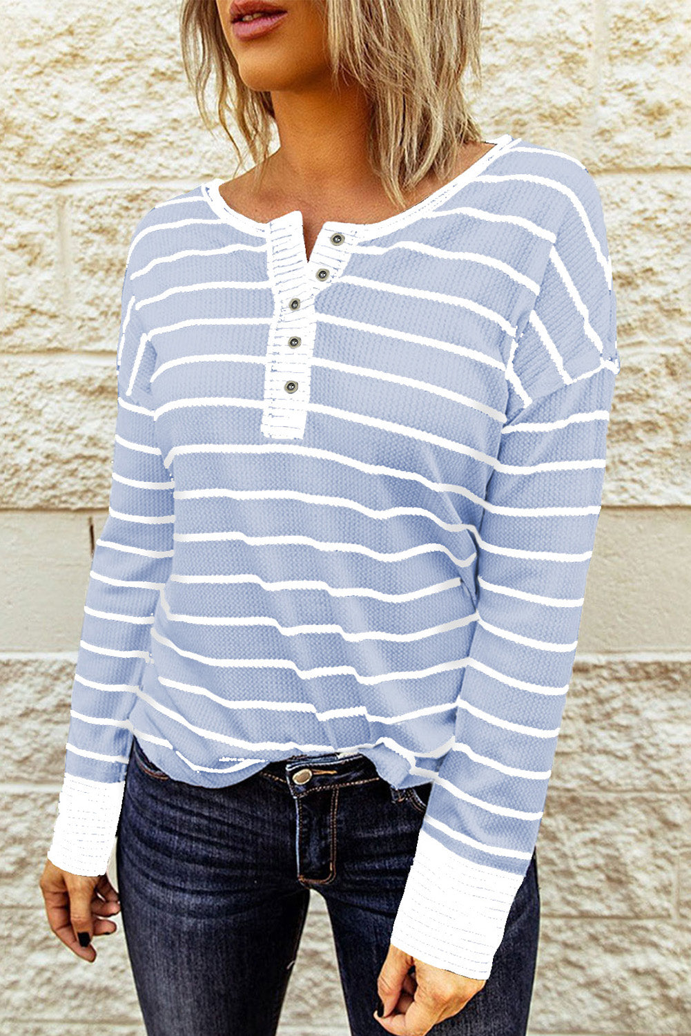 Striped Waffle Knit Henley Long Sleeve Top