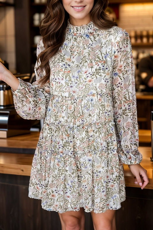 Printed Mock Neck Long Sleeve Mini Dress