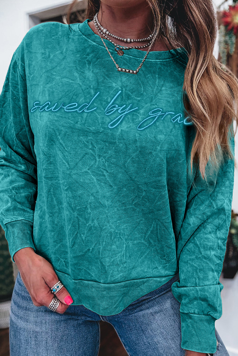 Dune saved by grace Letter Embroidery Mineral Wash Loose Sweatshirt
