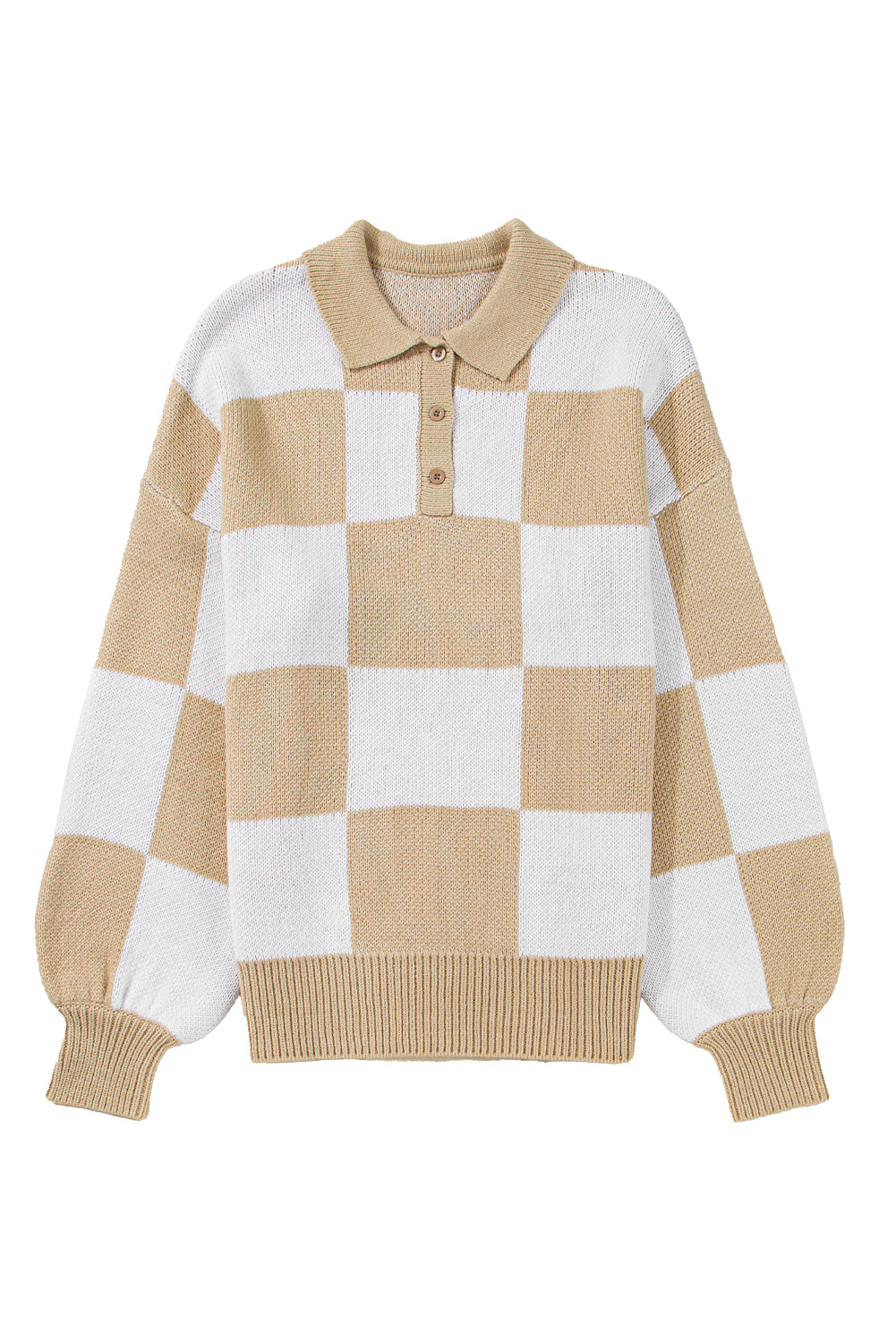 Mist Green Checkered V-Neck Collared Pullover Sweater