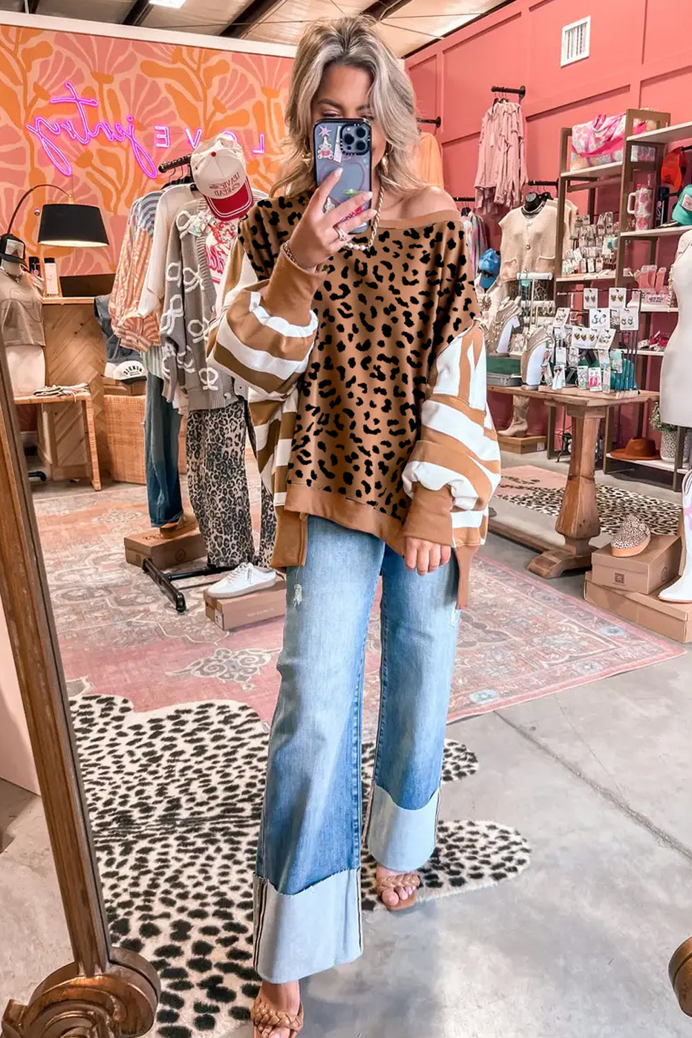 Khaki Striped Leopard Colorblock Side Slits Sweatshirt