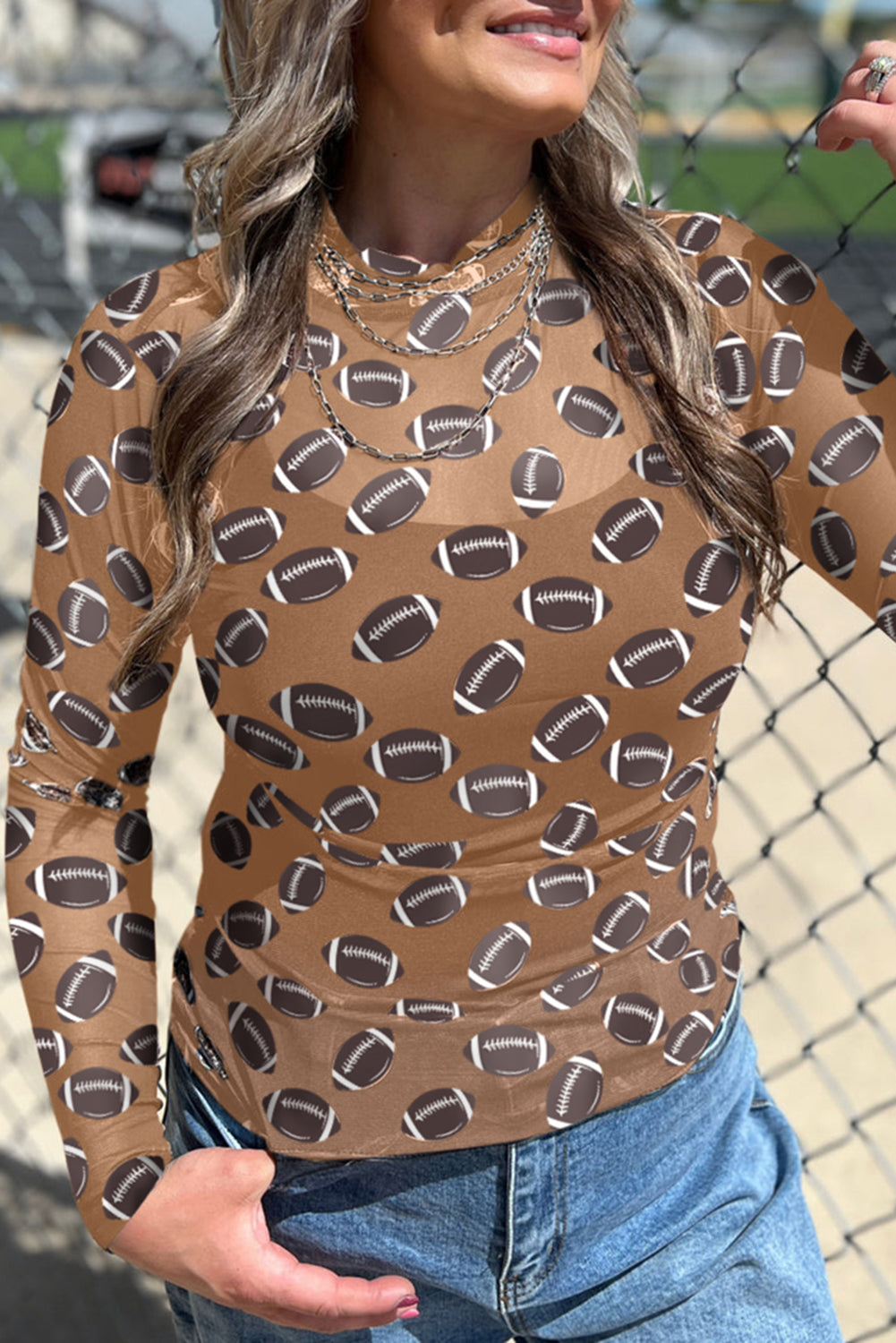 Black Game Day Football Mesh Sheer Long Sleeve Top