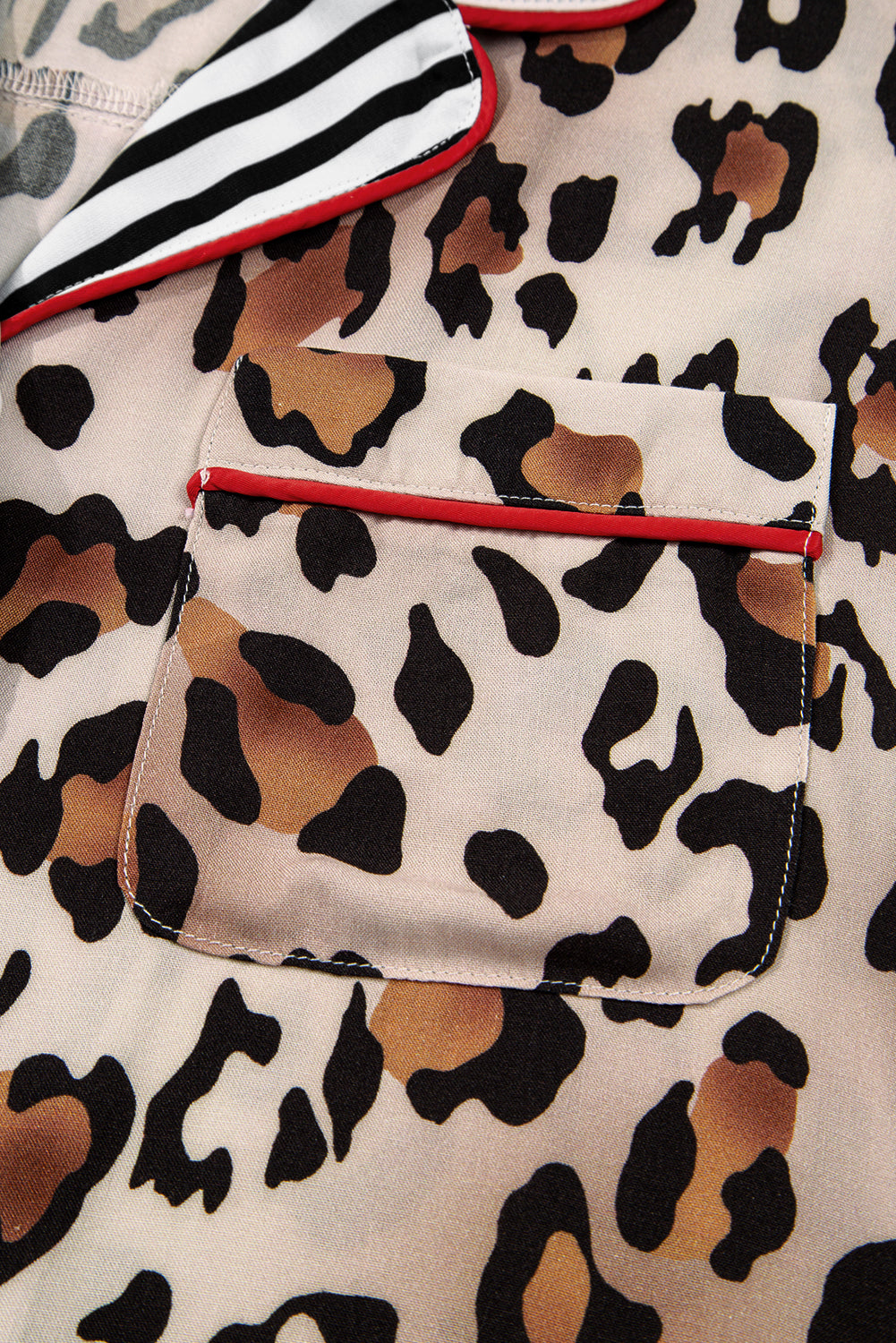 Khaki Leopard Print Colorblock Striped Patchwork Shirt and Pants Pajama Set