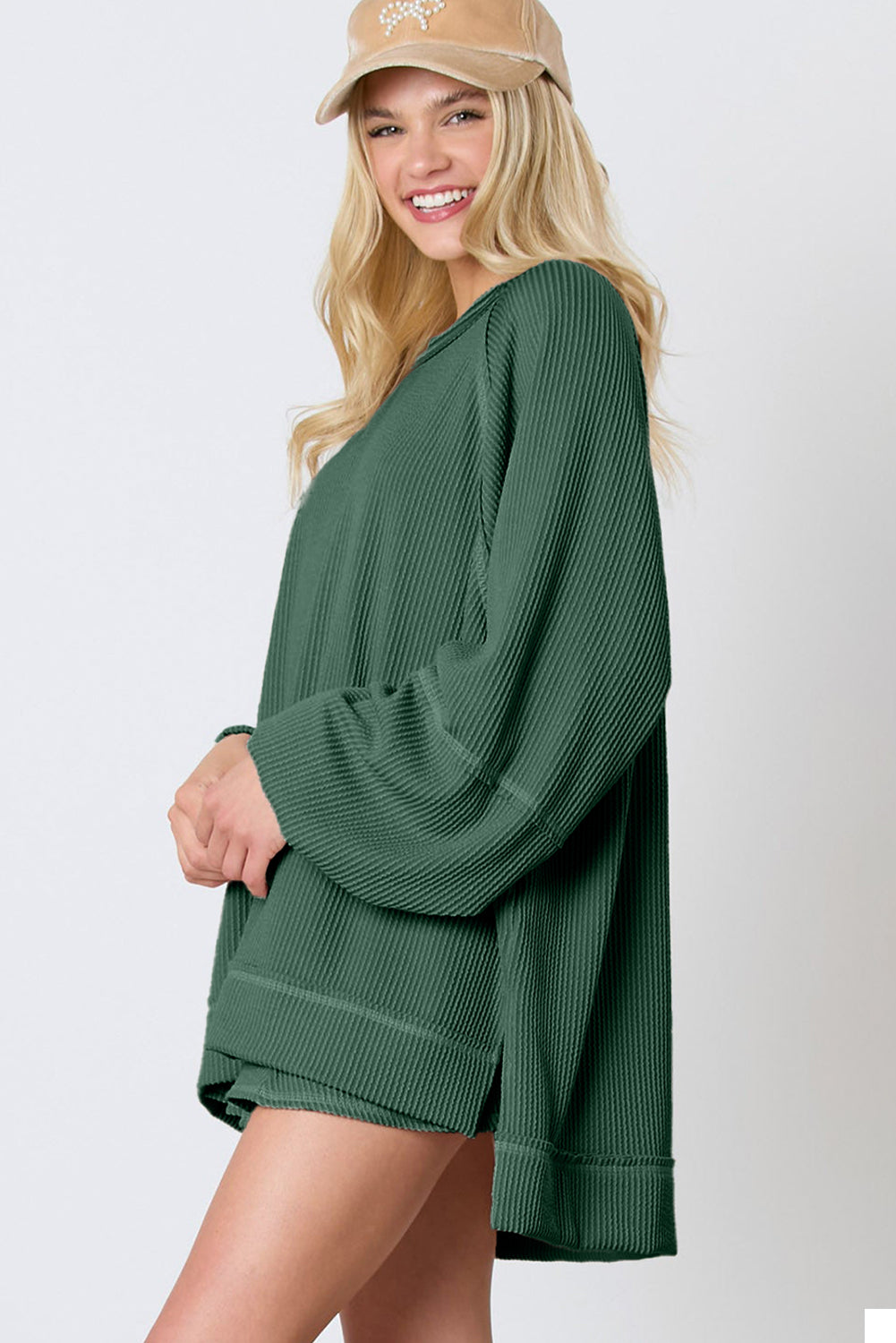 Mist Green Corded Bishop Sleeve Pullover and Ruffle Mini Skirt Set