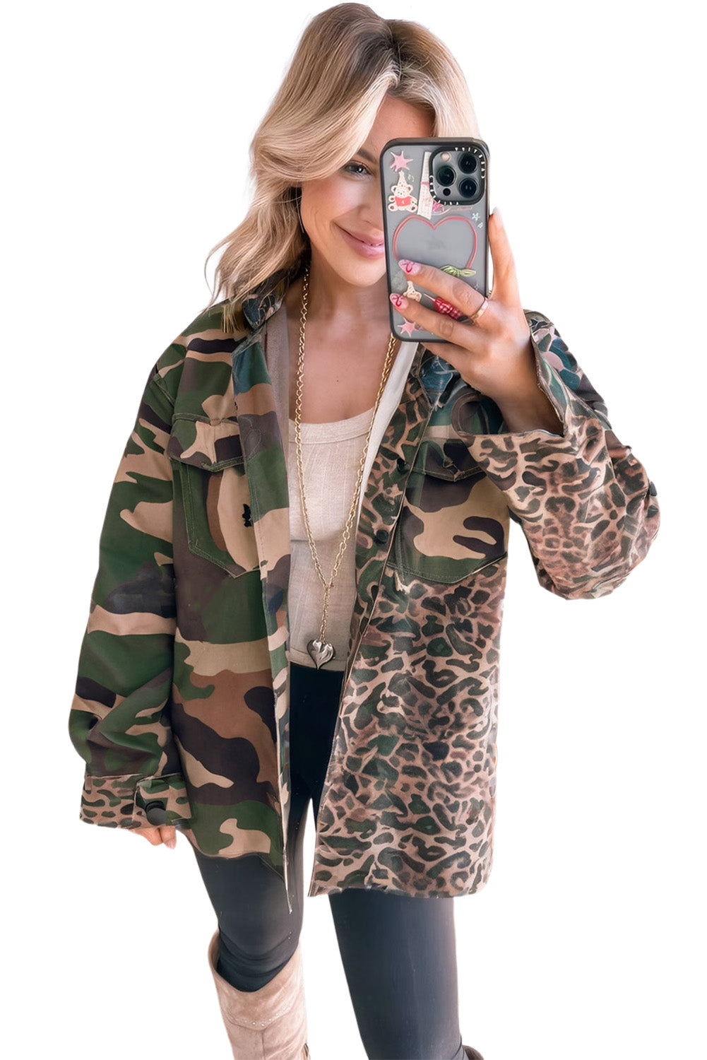 Brown Leopard Camouflage Patchwork Oversized Shacket