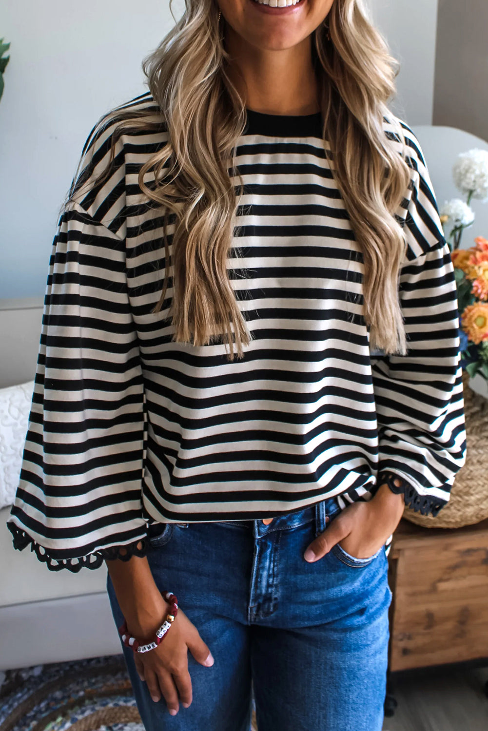 Black Striped Round Neck Contrast Trim Bell Sleeve Top