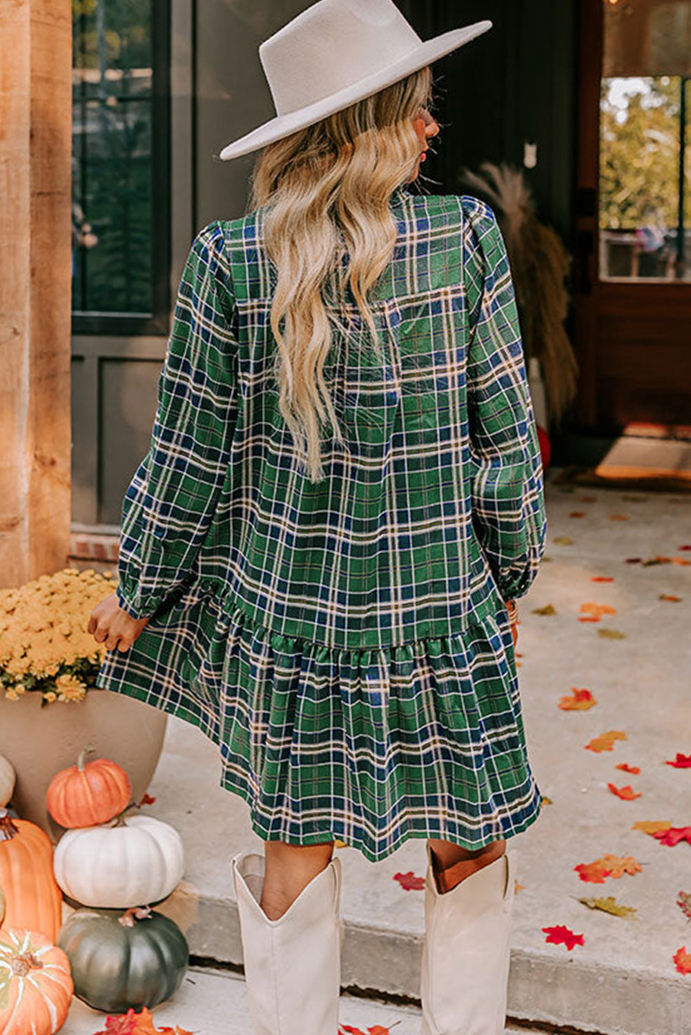 Green Plaid Print Frill Neck Long Sleeve Mini Dress