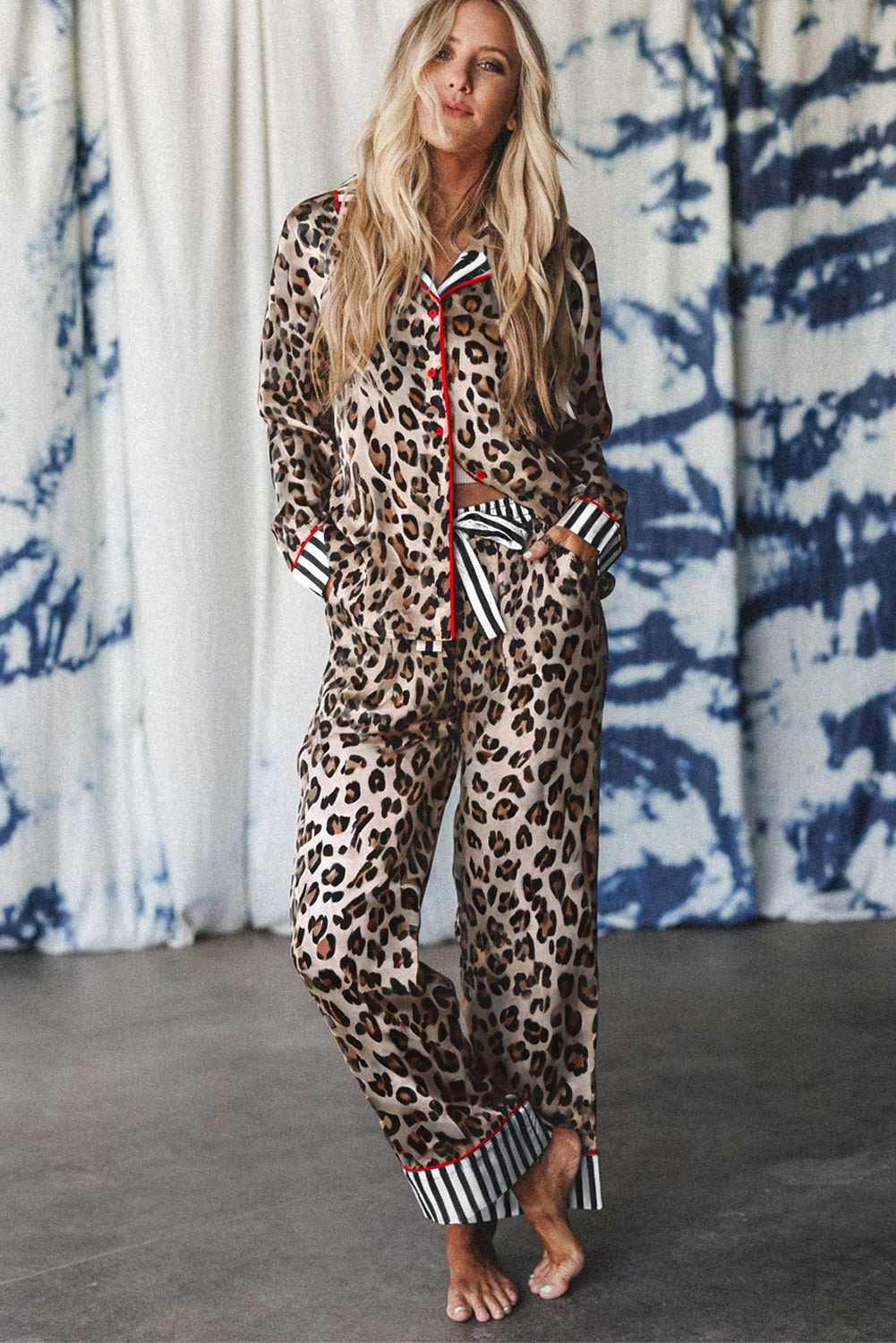 Khaki Leopard Print Colorblock Striped Patchwork Shirt and Pants Pajama Set