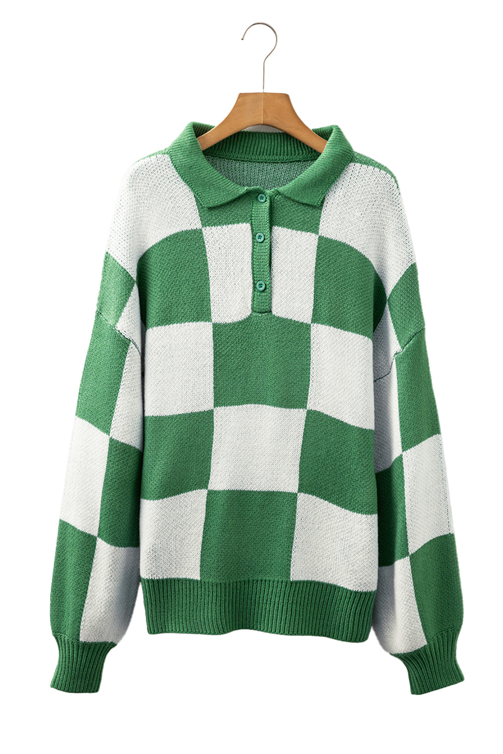 Mist Green Checkered V-Neck Collared Pullover Sweater