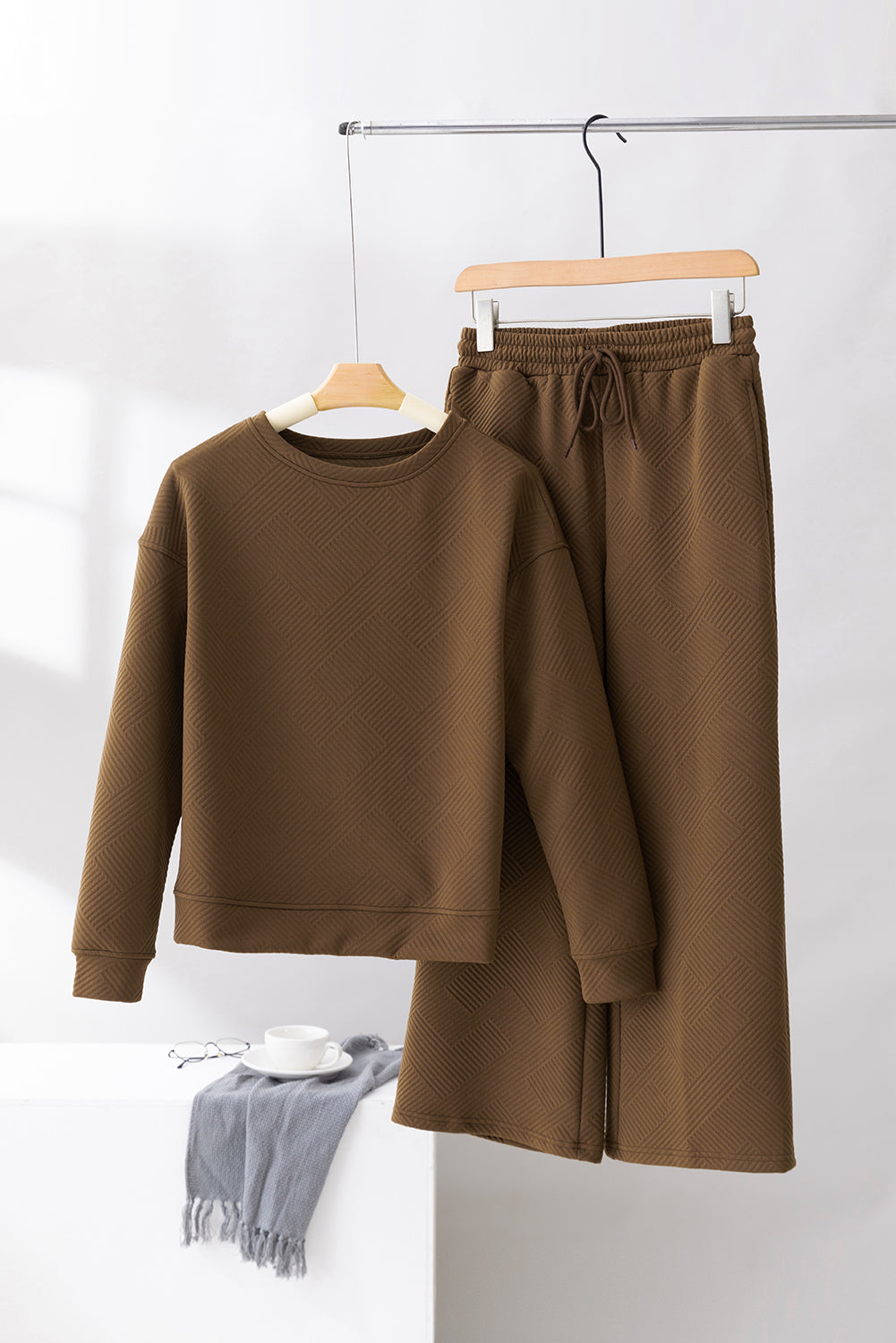 Dark Brown Textured Loose Slouchy Long Sleeve Top and Pants Set