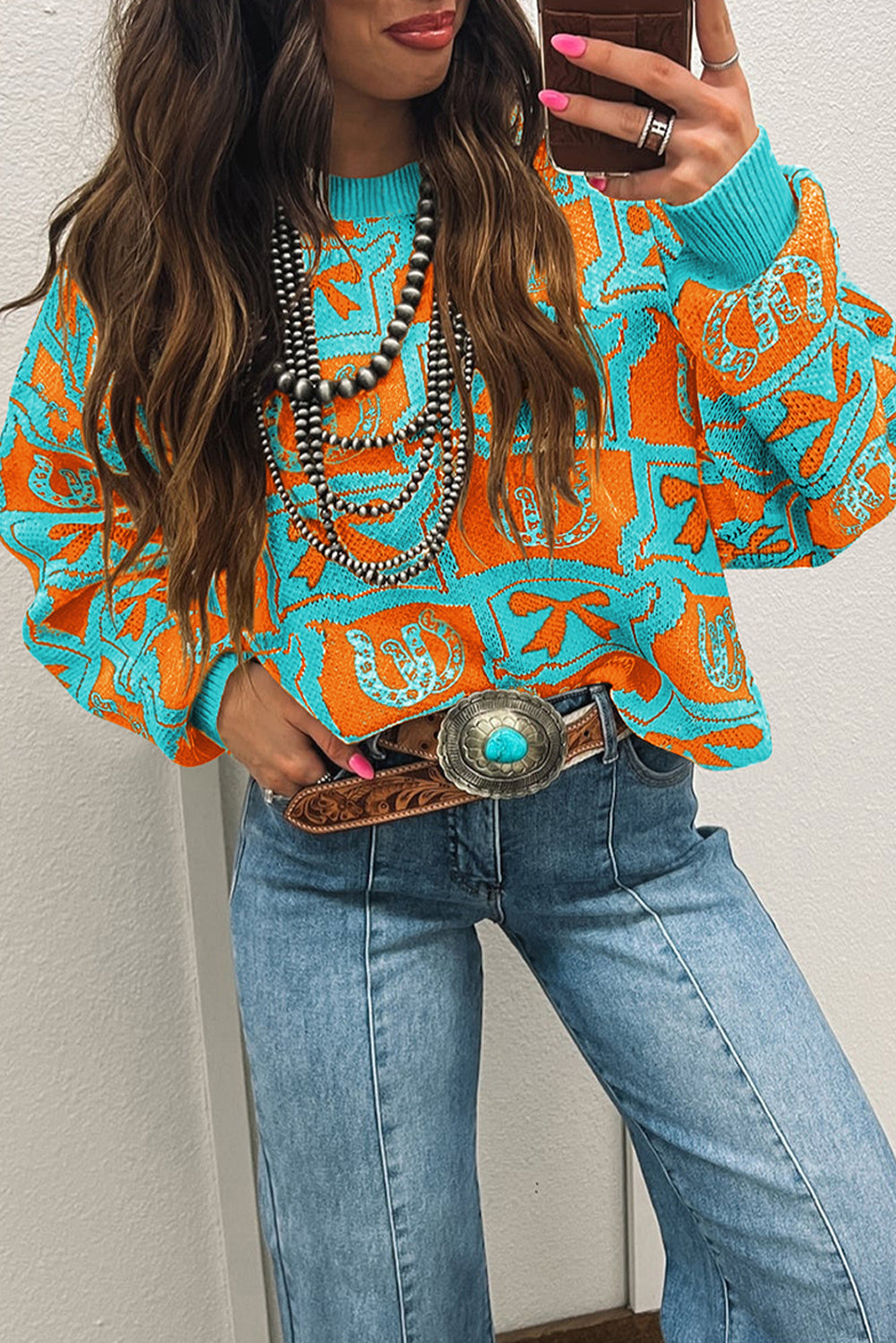 Brown Colorblock Bow Pattern Drop Sleeve Sweater