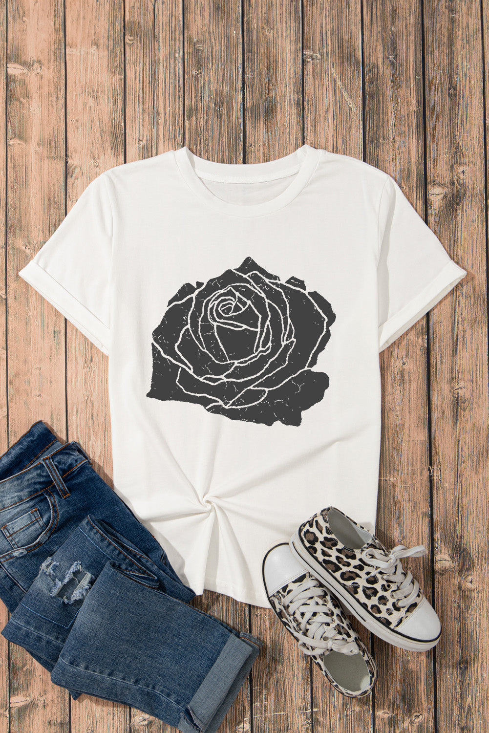 Rose Graphic Round Neck Short Sleeve T-Shirt