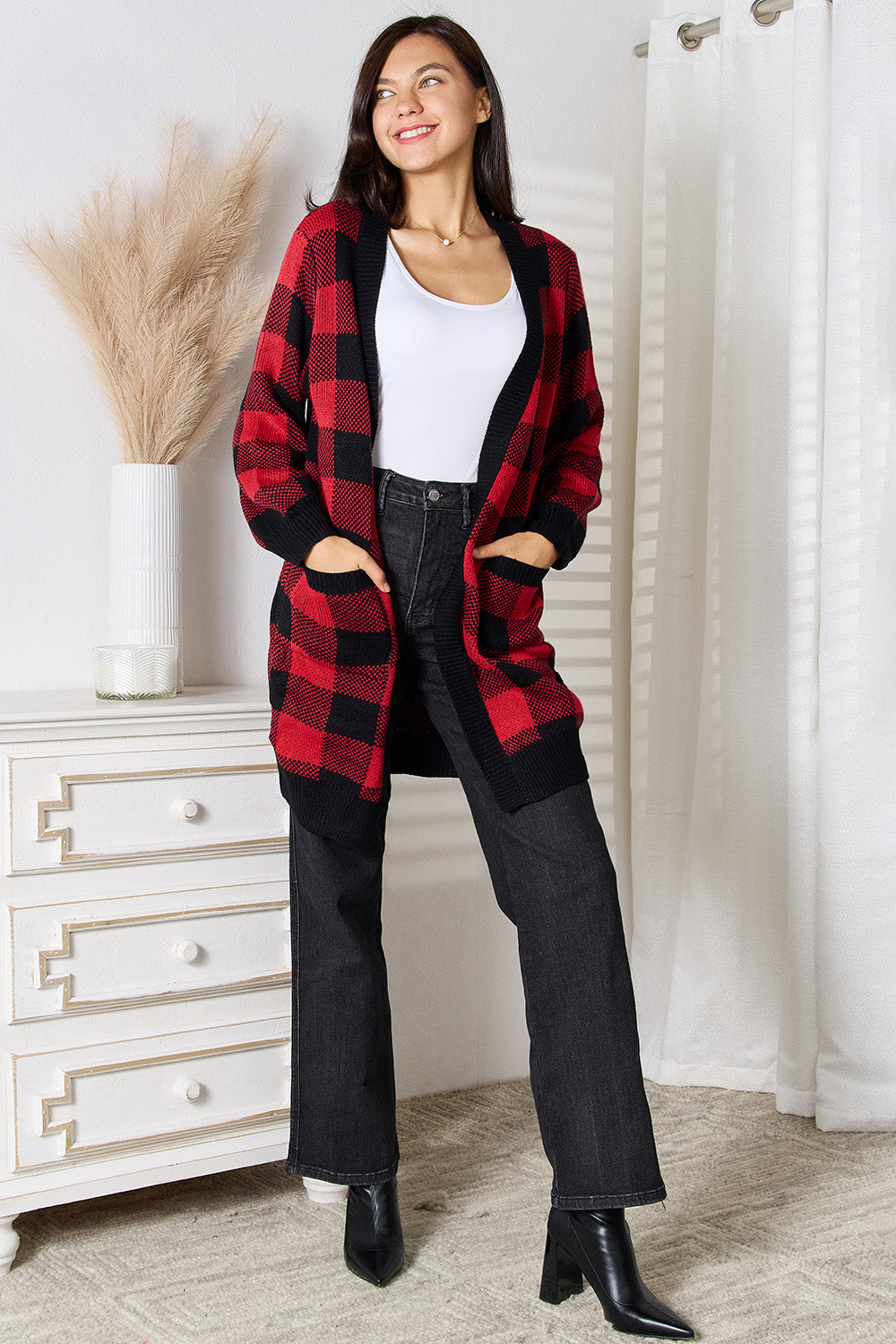 Heimish Full Size Plaid Open Front Cardigan with Pockets