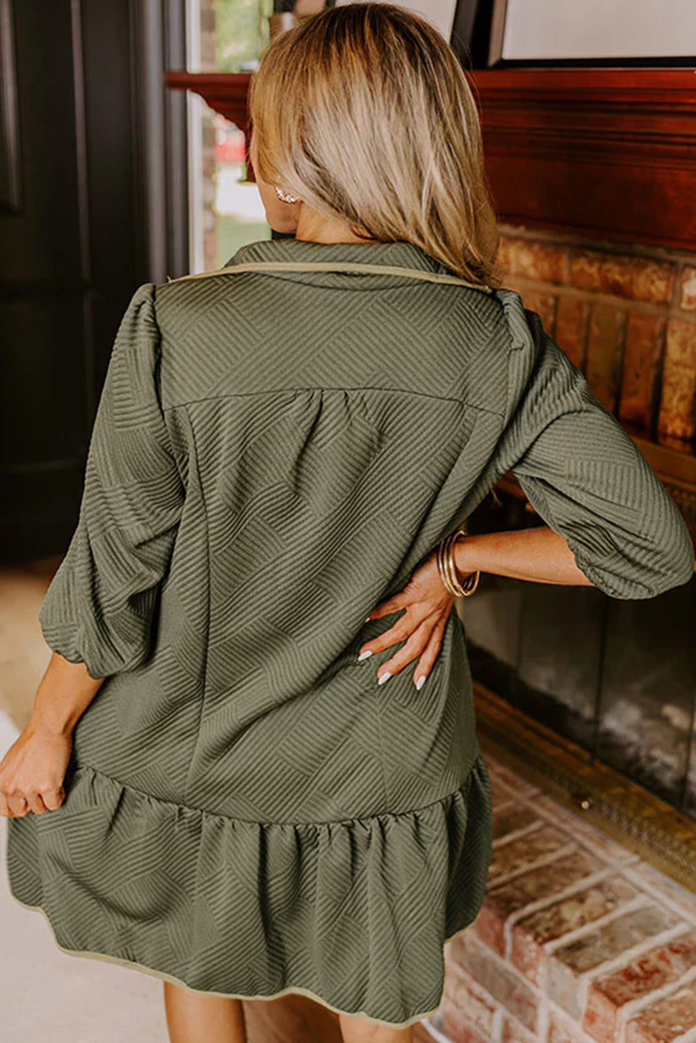 Jungle Green  Quarter Zip Collar Bracelet Sleeve Textured Mini Dress