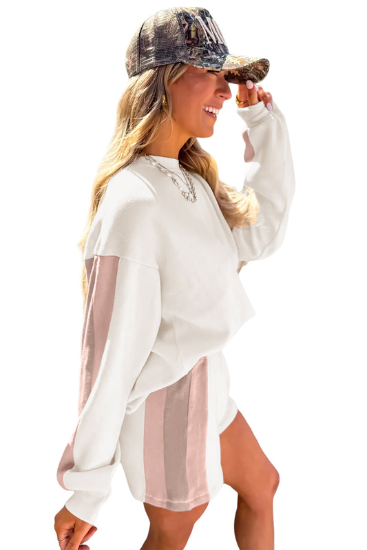White Colorblock Patchwork Drop Shoulder Pullover Casual Shorts Outfit